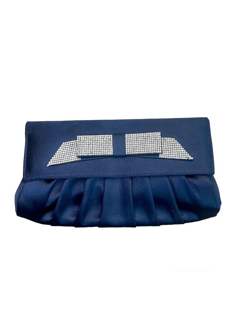 Sergio Feretti navy blue satin crystal rhinestone diamonte bow clutch purse